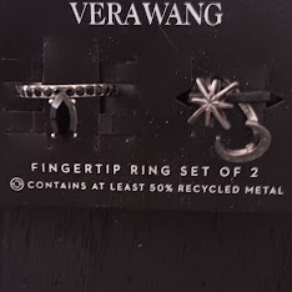 VERA WANG 2pc SET Celestial Moon & Star + Black Crystals Fingertip Rings